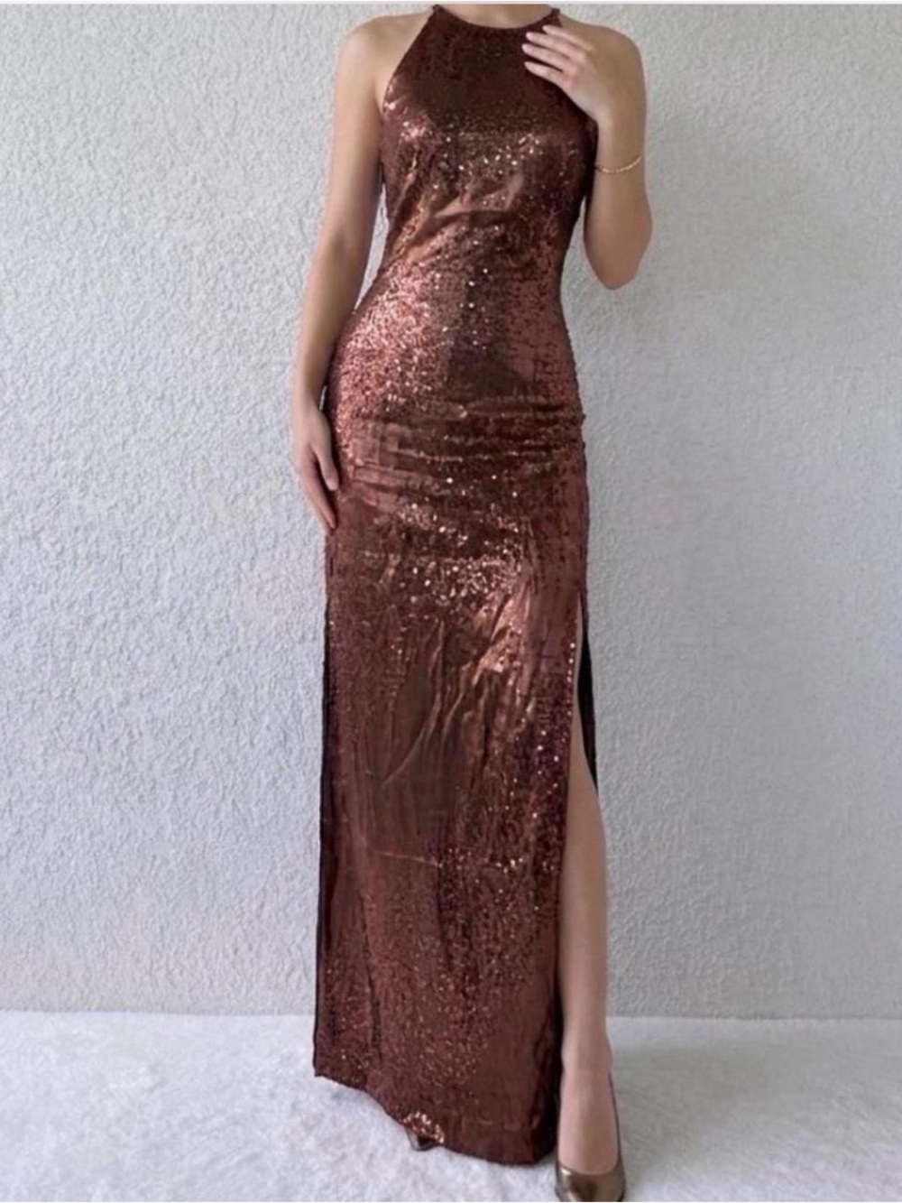 Brown Sequin Halter Maxi Dress